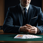 A professional male magician, fully clothed in a modest, dark tailored suit, performing a sophisticated close-up card trick. His hands are perfectly formed, demonstrating expert sleight of hand with a deck of cards. He has a focused, calm expression, subtly directing the viewer's attention. The setting is an elegant, dimly lit private practice studio with a polished wooden table and a blurred mirror reflecting part of the scene. The atmosphere is one of intense concentration and refined skill. Perfect anatomy, correct proportions, natural pose, well-formed hands, proper finger count, natural body proportions. Safe for work, appropriate content, fully clothed, professional, family-friendly.