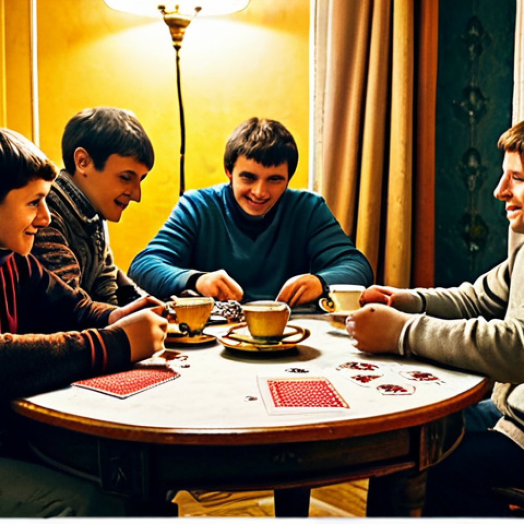마술 카드의 역사 - **Image:** A group of friends, fully clothed in casual wear, gathered around a table in a cozy, trad...