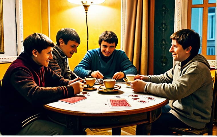 마술 카드의 역사 - **Image:** A group of friends, fully clothed in casual wear, gathered around a table in a cozy, trad...