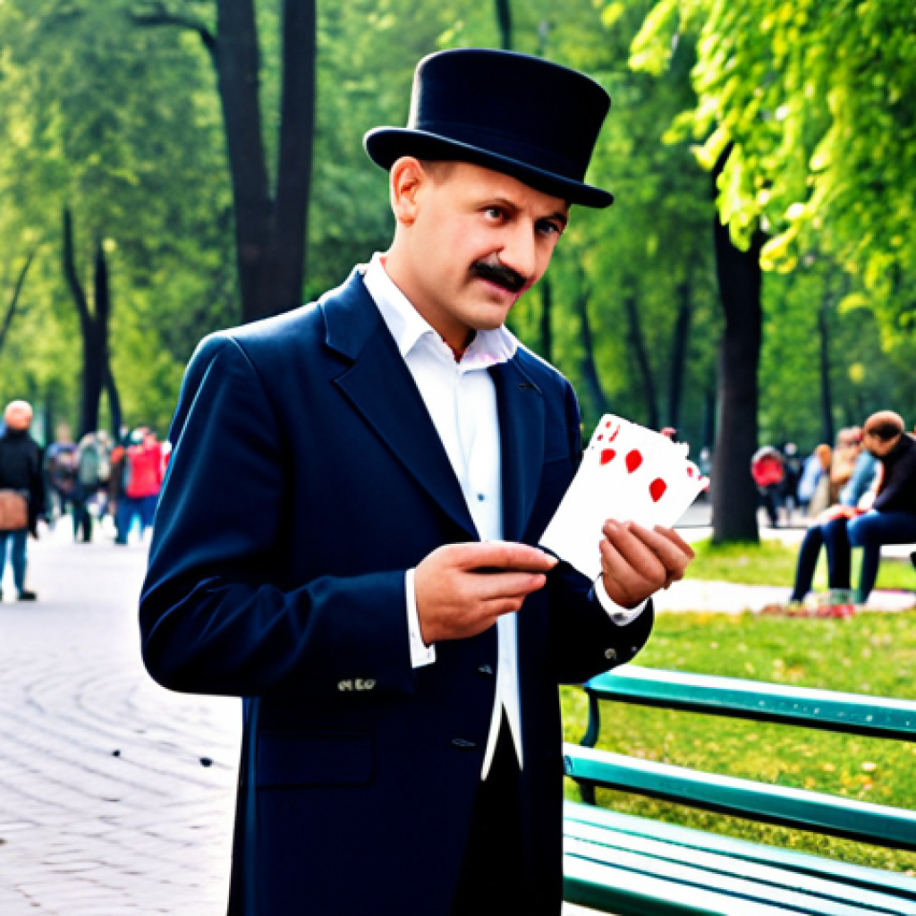 마술의 심리적 요소 - Street Magician**

A street magician in Gorky Park, Moscow, performing a card trick for a small crow...