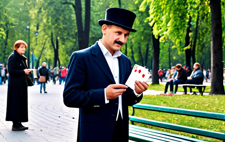 마술의 심리적 요소 - Street Magician**
A street magician in Gorky Park, Moscow, performing a card trick for a small crow...