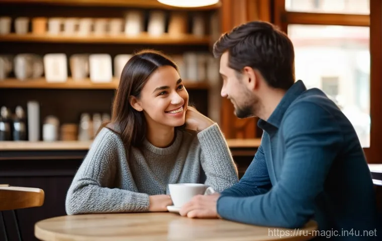 마술과 사회적 상호작용 - A deeply empathetic conversation unfolding in a warm, inviting cafe. Two individuals, a woman in her...