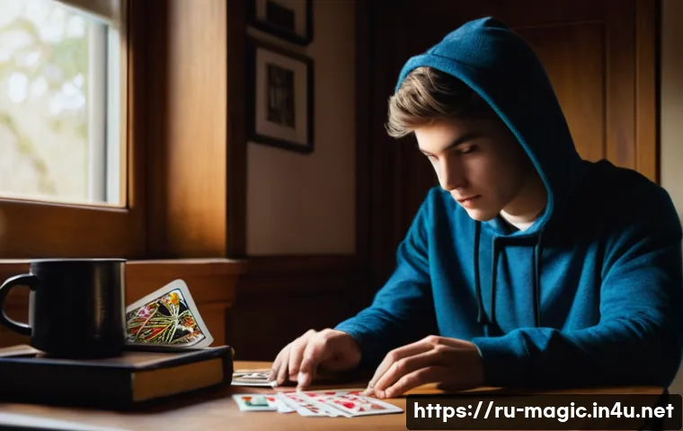 마술 카드와 트릭 종류 - **Prompt:** A focused, determined young magician, in their late teens or early twenties, dressed in ...
