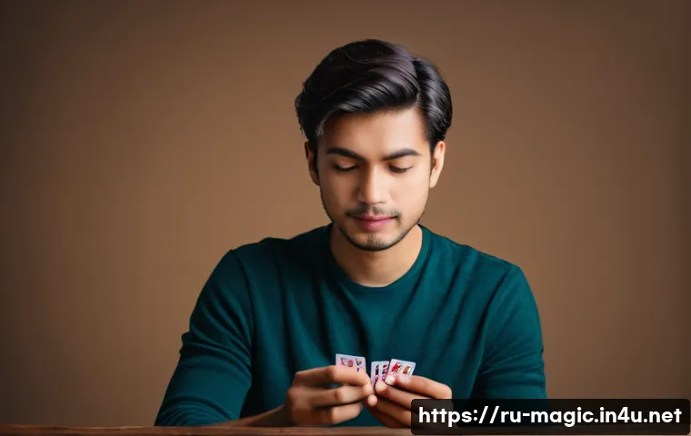마술 배우기 비법 - A young male magician practicing card tricks at home, wearing casual clothes and focusing intently o...