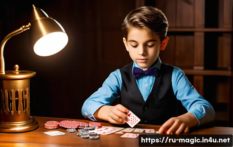 마술 교재 - A young magician practicing card tricks indoors, wearing a neat casual outfit, focusing intently on ...