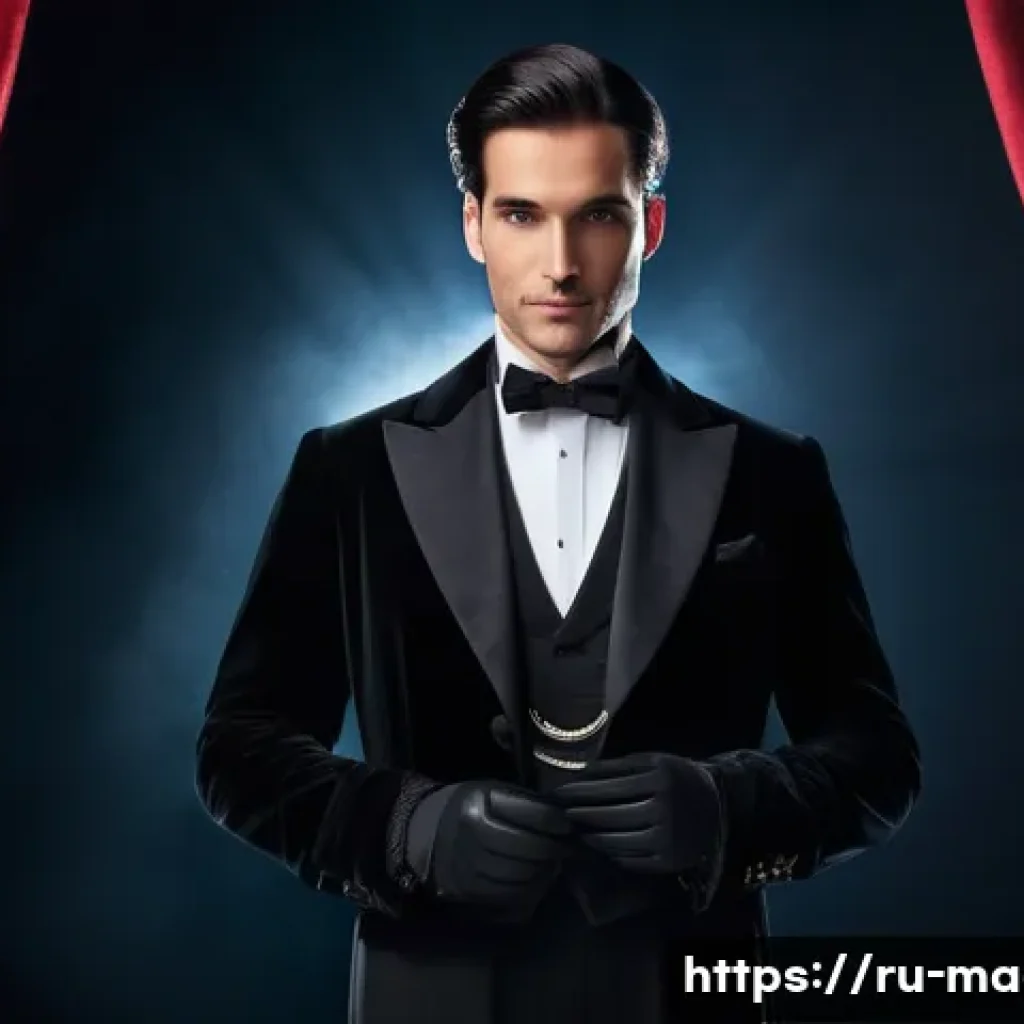 마술을 위한 의상 - A sophisticated magician on stage wearing a classic black velvet tailcoat with a white dress shirt a...
