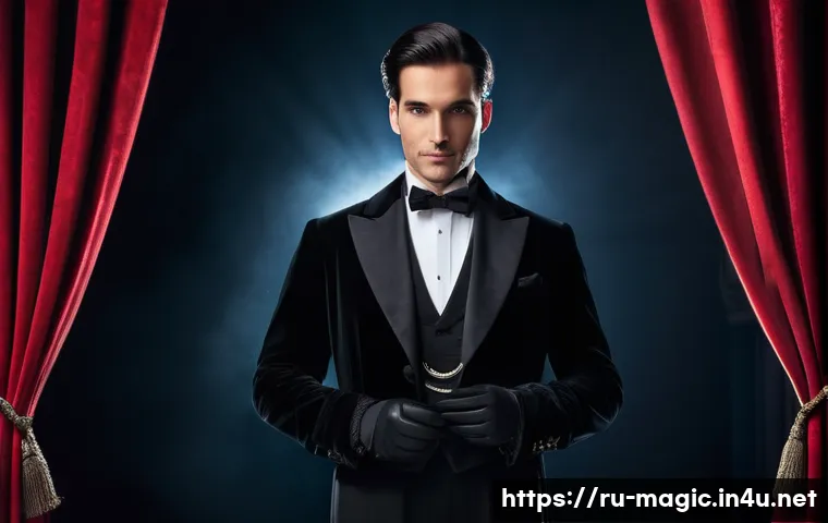 마술을 위한 의상 - A sophisticated magician on stage wearing a classic black velvet tailcoat with a white dress shirt a...
