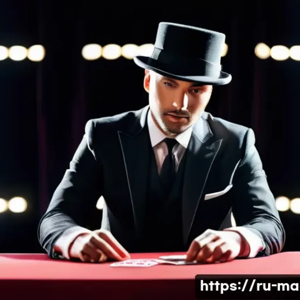 마술 공연 스타일 - A charismatic magician performing a classic card trick on a dimly lit stage, illuminated by dramatic...