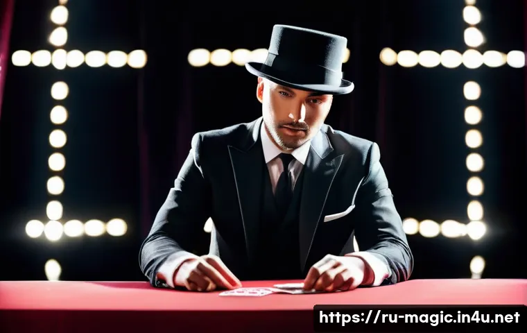 마술 공연 스타일 - A charismatic magician performing a classic card trick on a dimly lit stage, illuminated by dramatic...