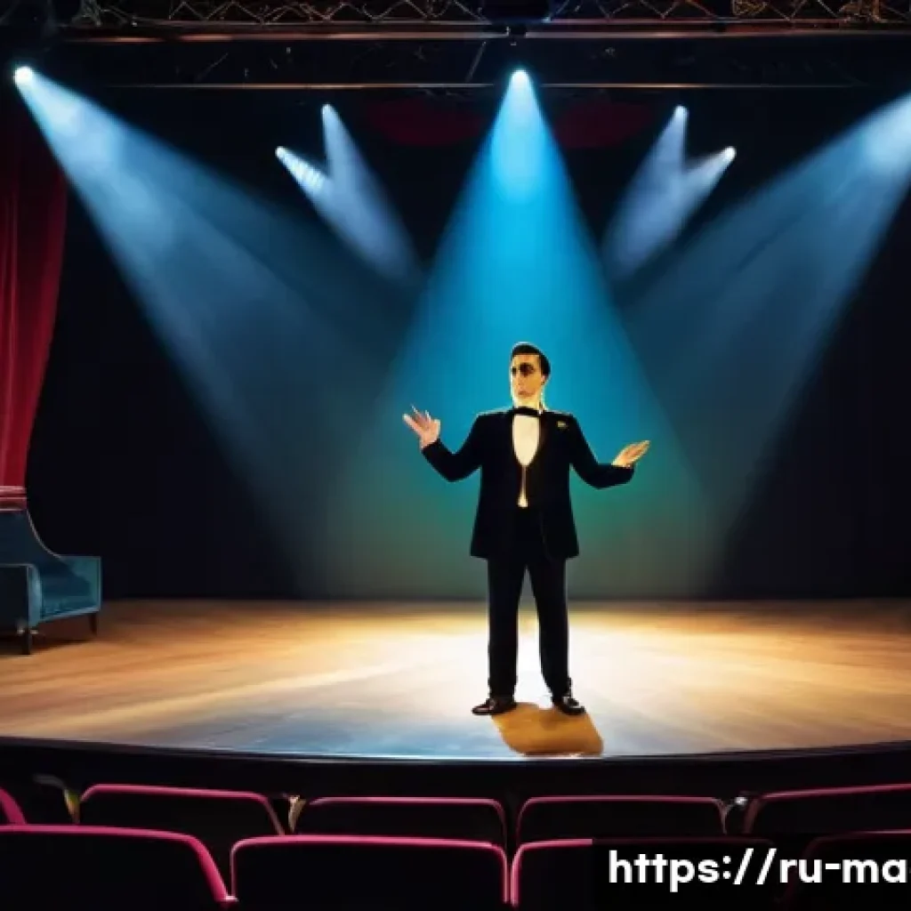 마술 공연 후기 - A modern magic show stage featuring a charismatic illusionist dressed in elegant, dark formal attire...