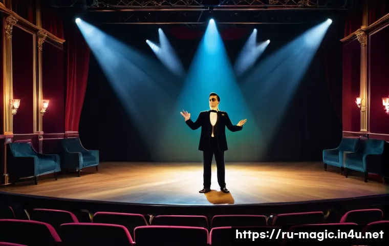 마술 공연 후기 - A modern magic show stage featuring a charismatic illusionist dressed in elegant, dark formal attire...