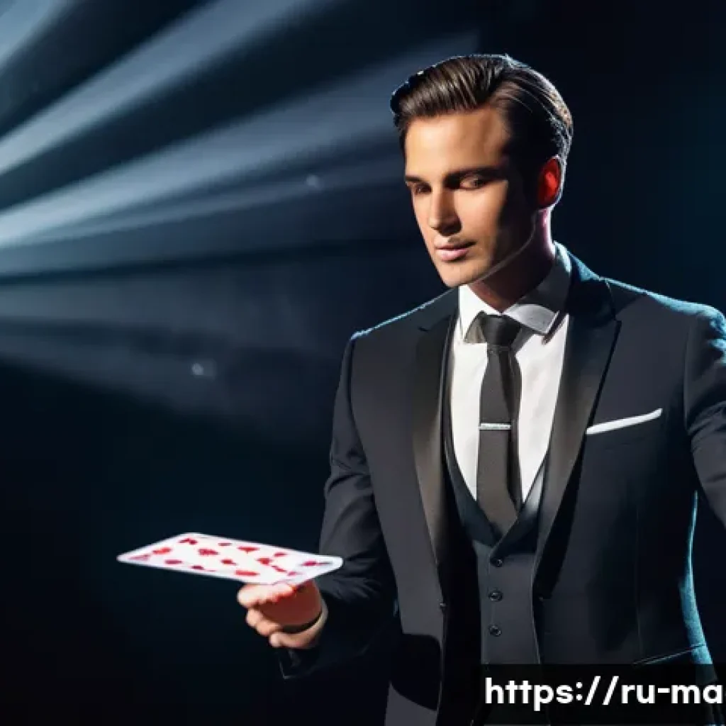 마술 자격증 - A professional magician performing a complex card trick on stage in a stylish theater setting, weari...