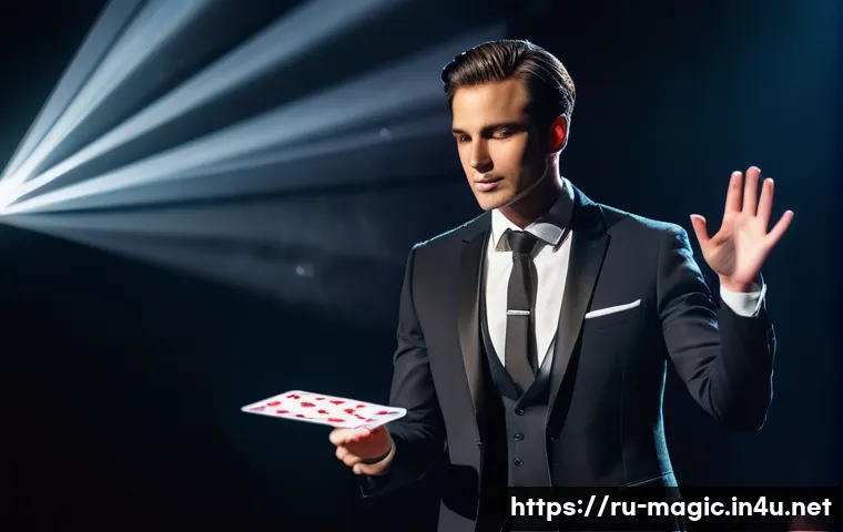 마술 자격증 - A professional magician performing a complex card trick on stage in a stylish theater setting, weari...