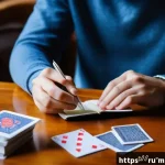 Home 22 마술 기법을 통해 배우는 집중력 - A focused young adult practicing simple card tricks at a cozy home desk, surrounded by scattered pla...