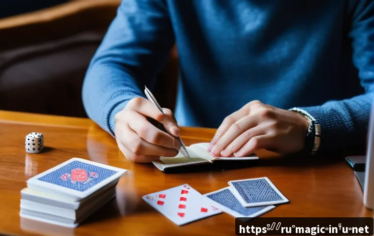 마술 기법을 통해 배우는 집중력 - A focused young adult practicing simple card tricks at a cozy home desk, surrounded by scattered pla...