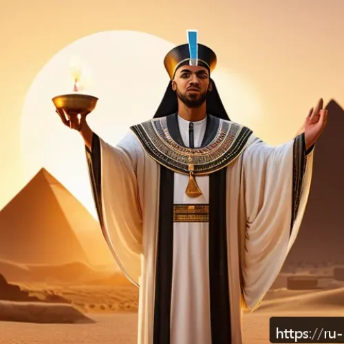 Home 32 마술 최초 발명자 - A detailed scene of an ancient Egyptian priest performing a sacred magic ritual outdoors, surrounded...