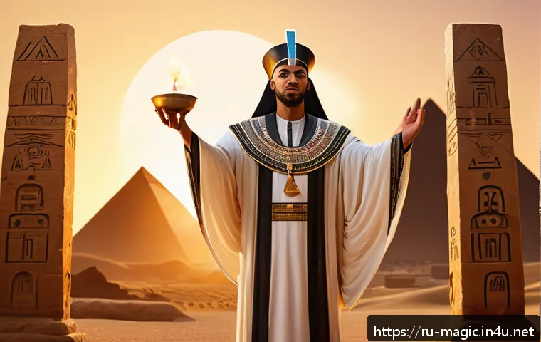 마술 최초 발명자 - A detailed scene of an ancient Egyptian priest performing a sacred magic ritual outdoors, surrounded...