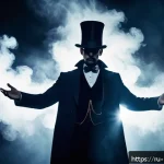 Home 19 마술 공연에서의 무대효과 - A mysterious magician on stage emerging from deep shadows into a focused beam of bright light, creat...
