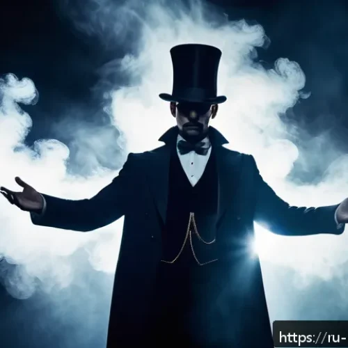 Home 31 마술 공연에서의 무대효과 - A mysterious magician on stage emerging from deep shadows into a focused beam of bright light, creat...