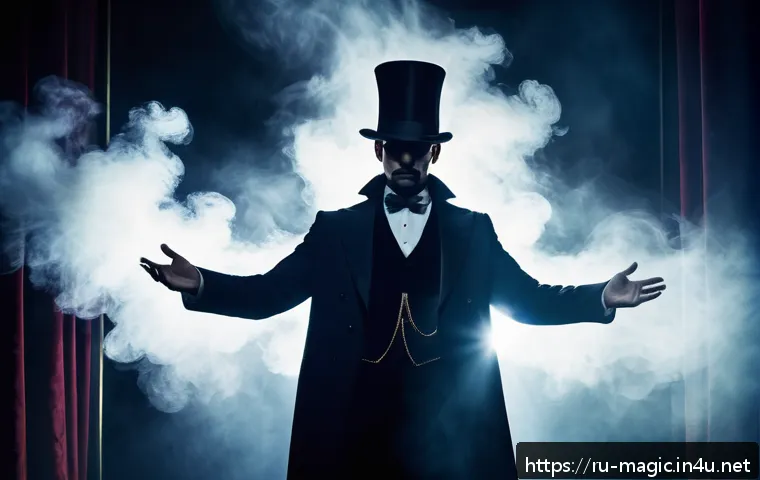 마술 공연에서의 무대효과 - A mysterious magician on stage emerging from deep shadows into a focused beam of bright light, creat...