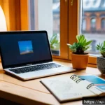Home 18 마술 전문 블로그 운영 팁 - A cozy home office scene featuring a Russian blogger in their 30s, sitting at a wooden desk with a m...