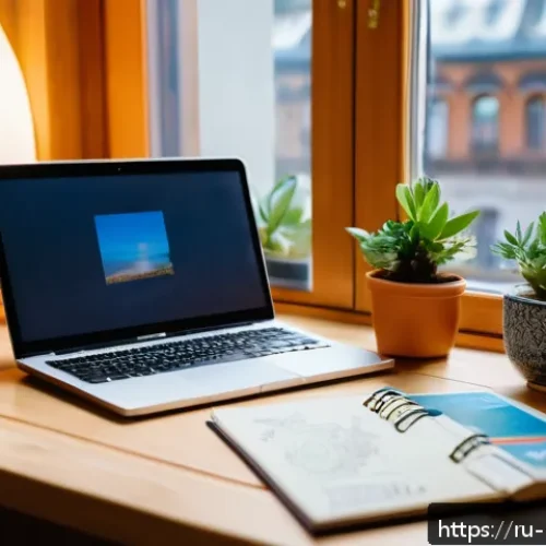 Home 30 마술 전문 블로그 운영 팁 - A cozy home office scene featuring a Russian blogger in their 30s, sitting at a wooden desk with a m...