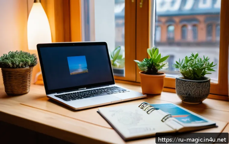 마술 전문 블로그 운영 팁 - A cozy home office scene featuring a Russian blogger in their 30s, sitting at a wooden desk with a m...