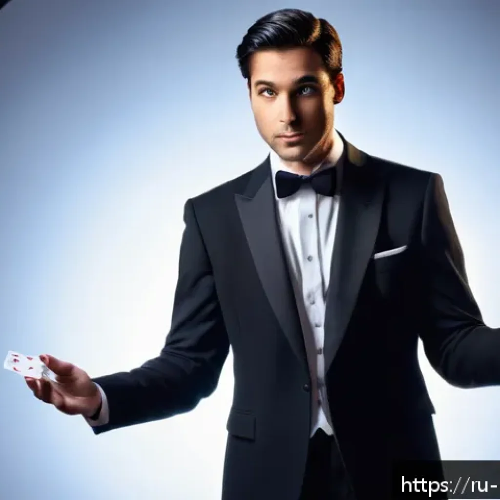 마술사 인터뷰 - A charismatic magician performing a card trick on stage, dressed in a classic black suit with a whit...