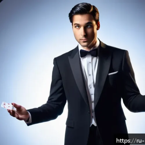 Home 17 마술사 인터뷰 - A charismatic magician performing a card trick on stage, dressed in a classic black suit with a whit...