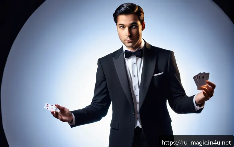 마술사 인터뷰 - A charismatic magician performing a card trick on stage, dressed in a classic black suit with a whit...