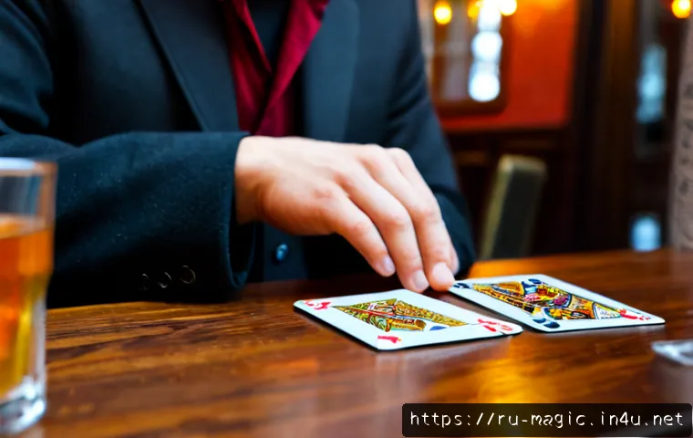 마술 카드 트릭 - Photorealistic close-up of a skilled street magician performing a card trick at a cozy Moscow café t...